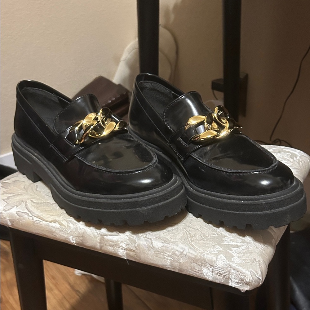 Steve Madden Black Patent Chain-Accent Women’s Loafers